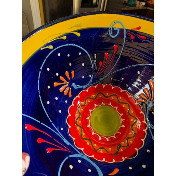 Hand-Painted Ceramic Bowl From Spain With Vibrant Blue Orange & Yellow Patterns - Picture 9 of 16